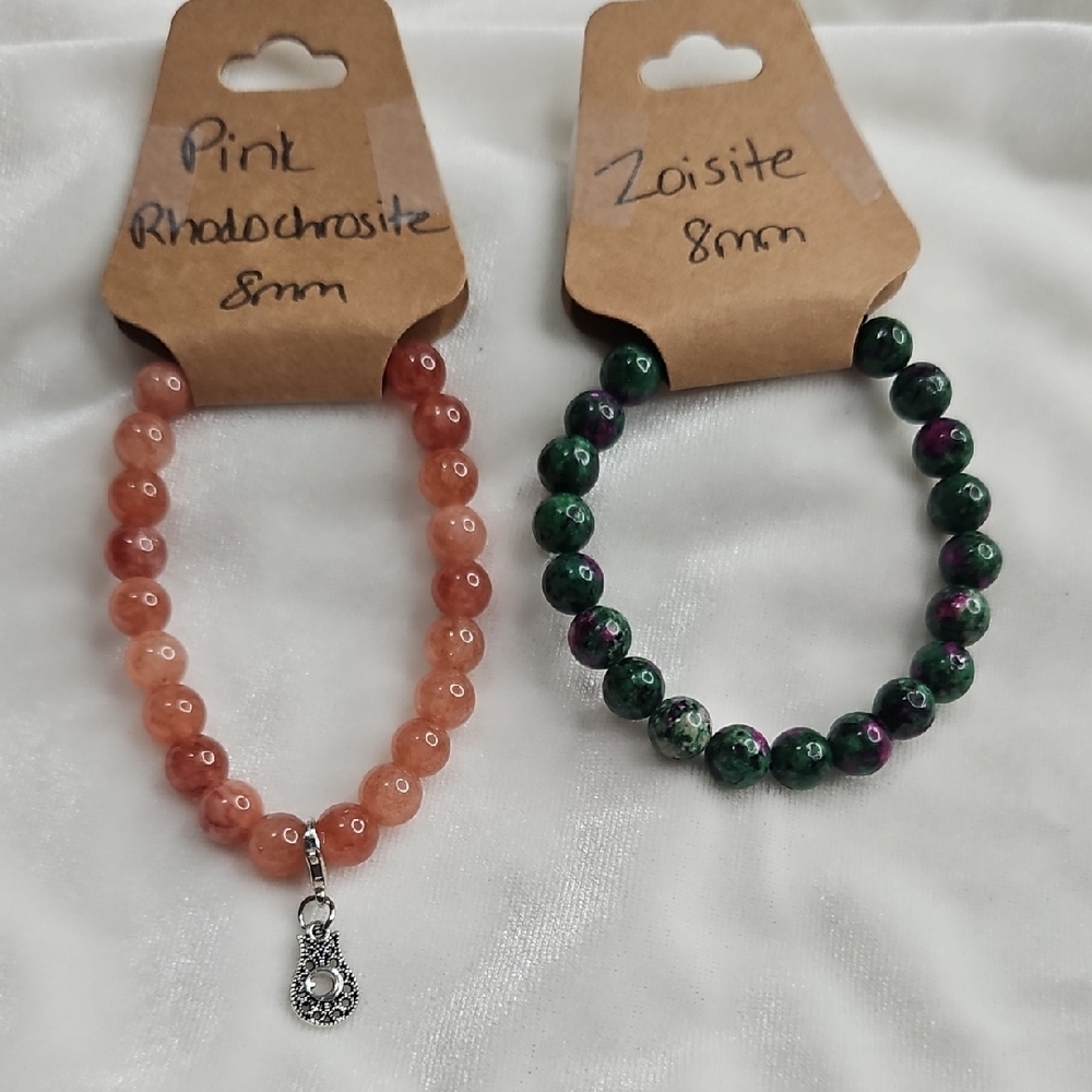 Natural Stone Stretch 8mm Beaded Bracelets Zoisite Pink Rhodochrosite Lot of 2